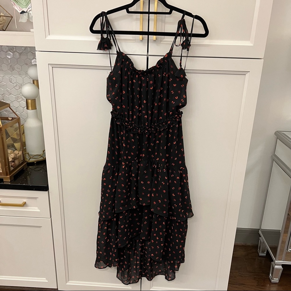 EVIE Black/Red Floral Tiered Hem Tie Shoulder High Low Dress Flowy Summer